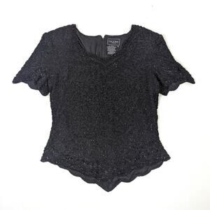 Vintage Cote d' Azur Top Women's Size Medium Black Beaded Silk Evening